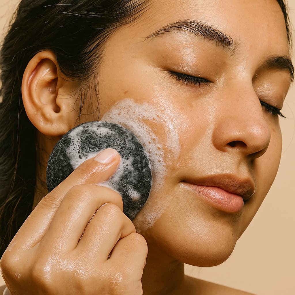 Woman using a black Konjac sponge on her face against a beige background