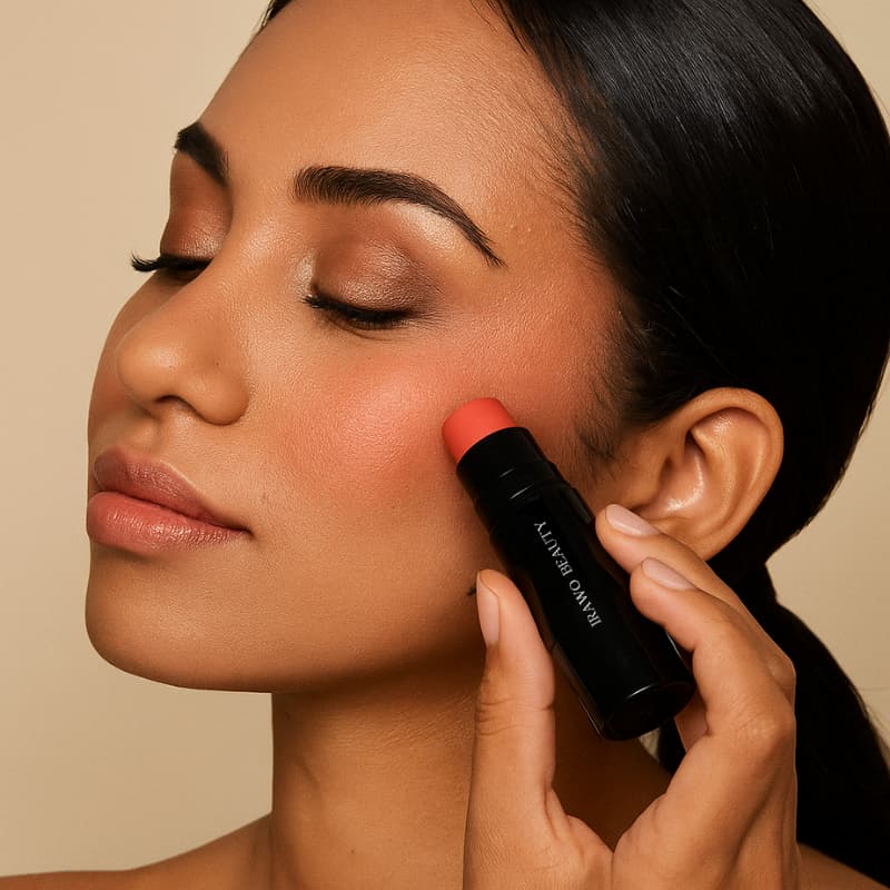 Woman applying blush stick to her face with a beige background