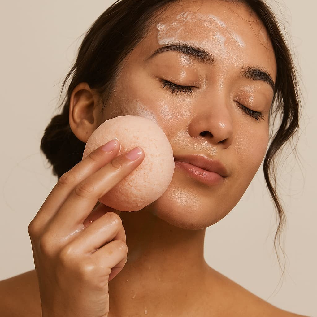 Woman washing her face with pink Konjac sponge against a beige background