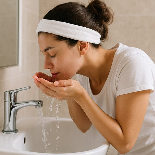 Woman washing her face under running water in a bathroom sink.