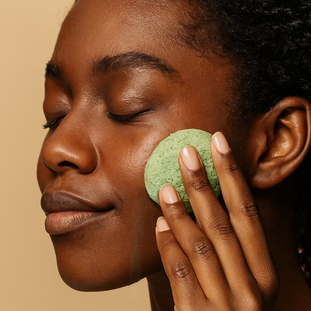 Person using a green Konjac facial sponge on their face against a beige background