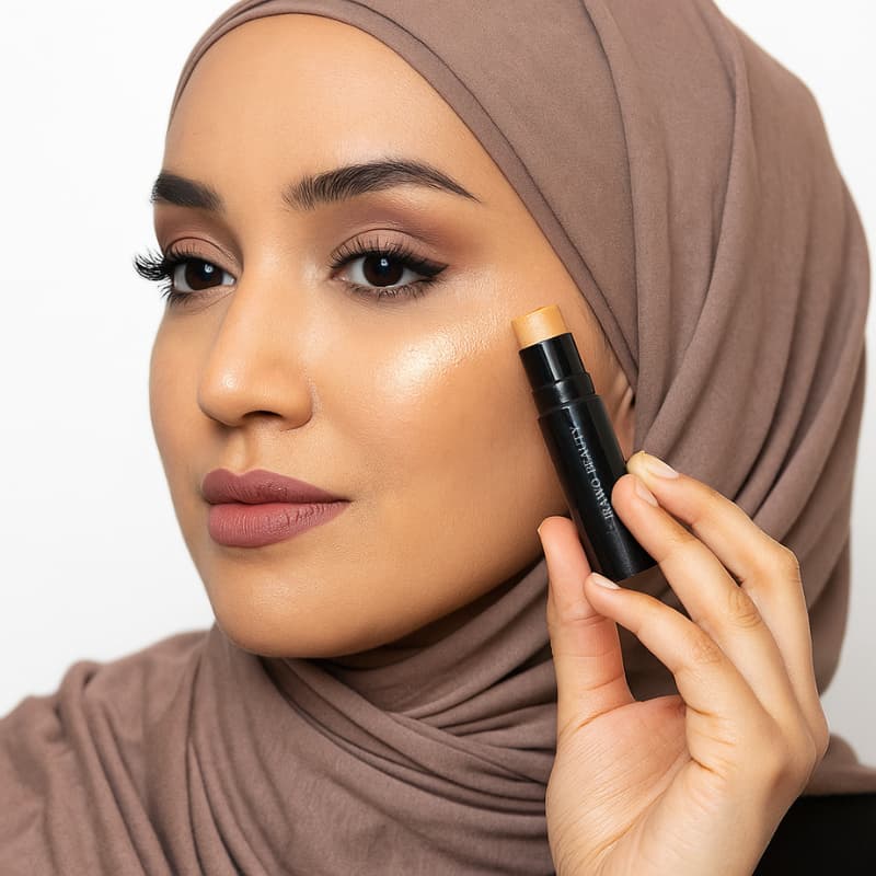 Woman applying blush stick to her face with a neutral background