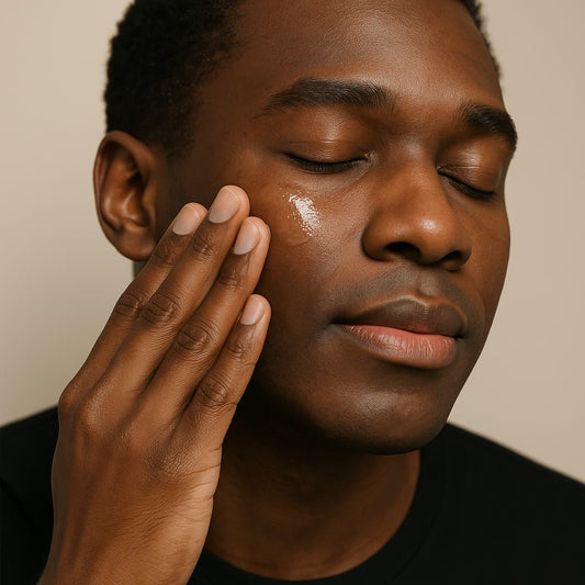 Man applying a skincare product to his face with a neutral background