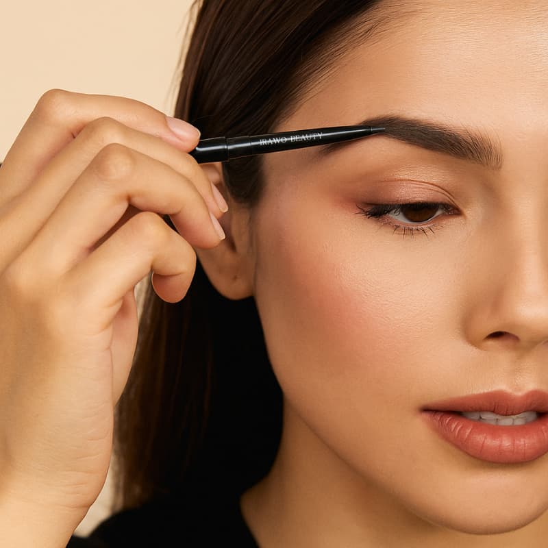 Woman applying eyebrow pencil to her eyebrows with a neutral background