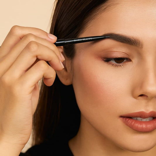 Woman applying eyebrow pencil to her eyebrows with a neutral background