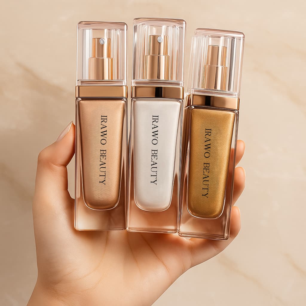 Three IRAWO BEAUTY skincare bottles held in a hand against a beige background