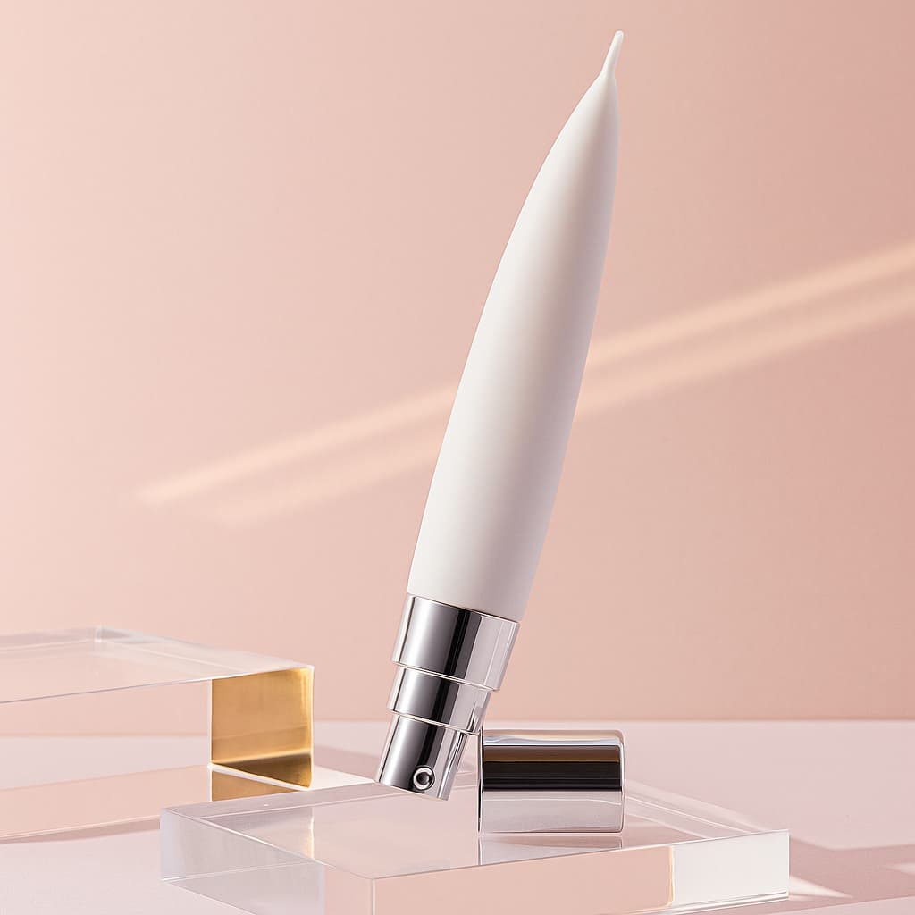 White cosmetic package with silver top on a reflective surface against a pink background