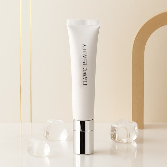 Skincare tube with 'Irawo Beauty' branding on a neutral background