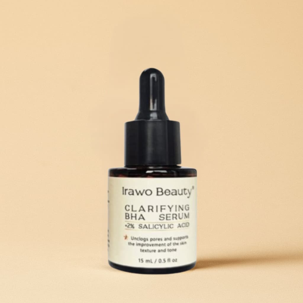 Irawo Beauty Clarifying BHA Serum bottle with dropper on a beige background