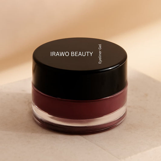 Jar of Irawo Beauty eyeliner gel on a beige background
