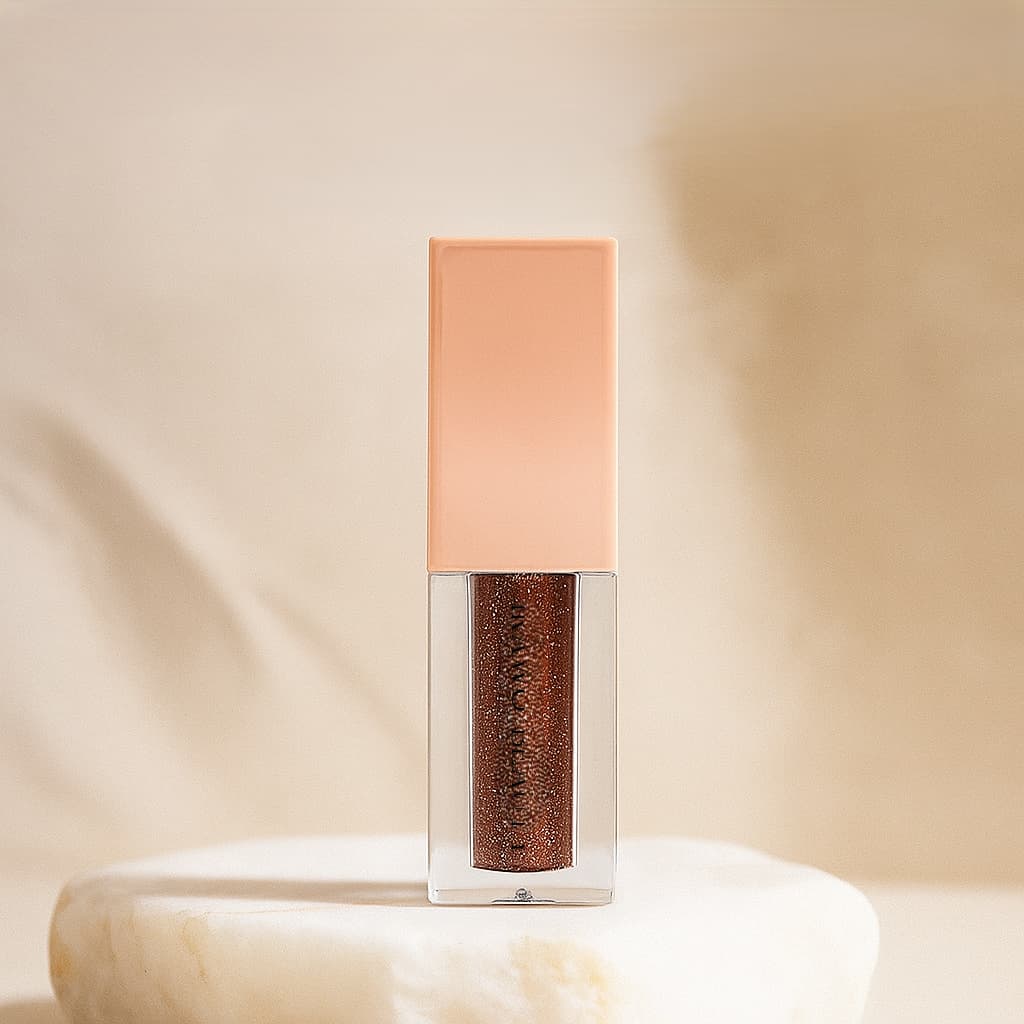 Cosmetic bottle with a pink cap and brown body on a beige background