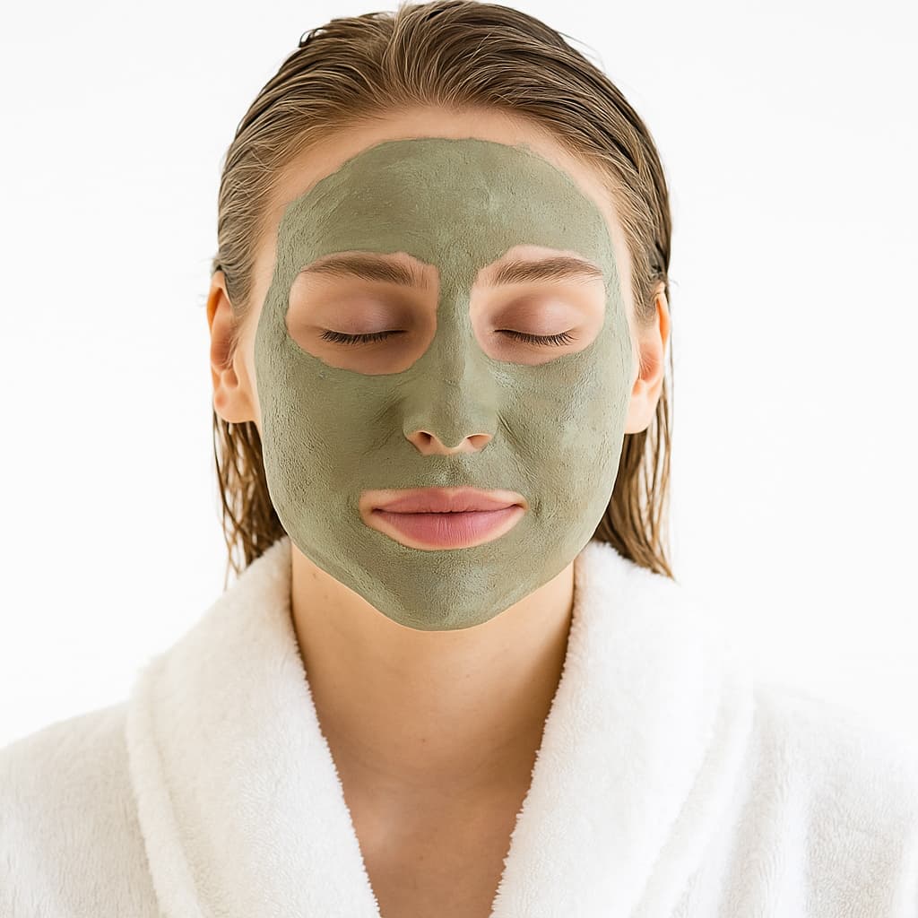 Woman wearing a green facial mask with a white robe on a white background