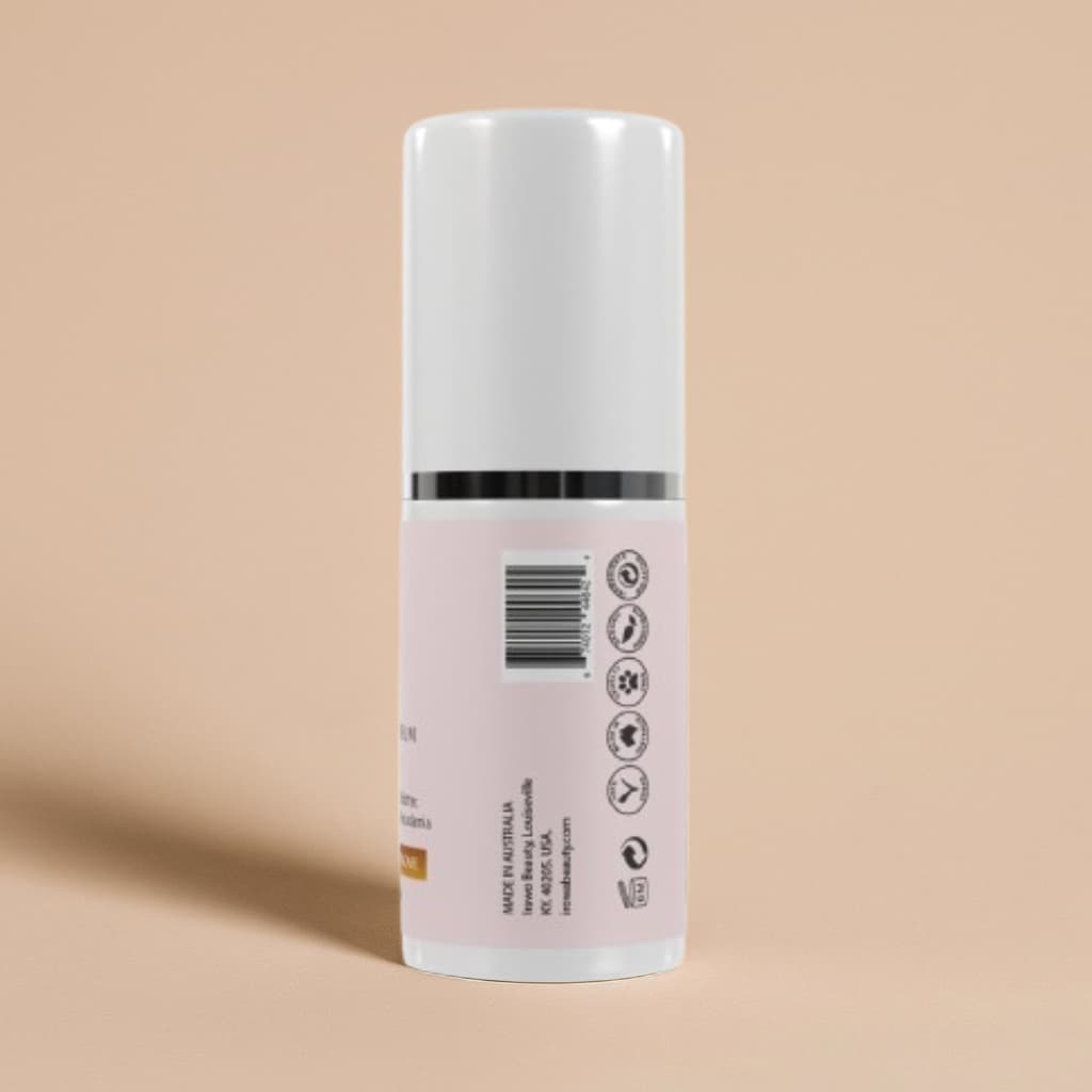 Skincare bottle with label on a beige background