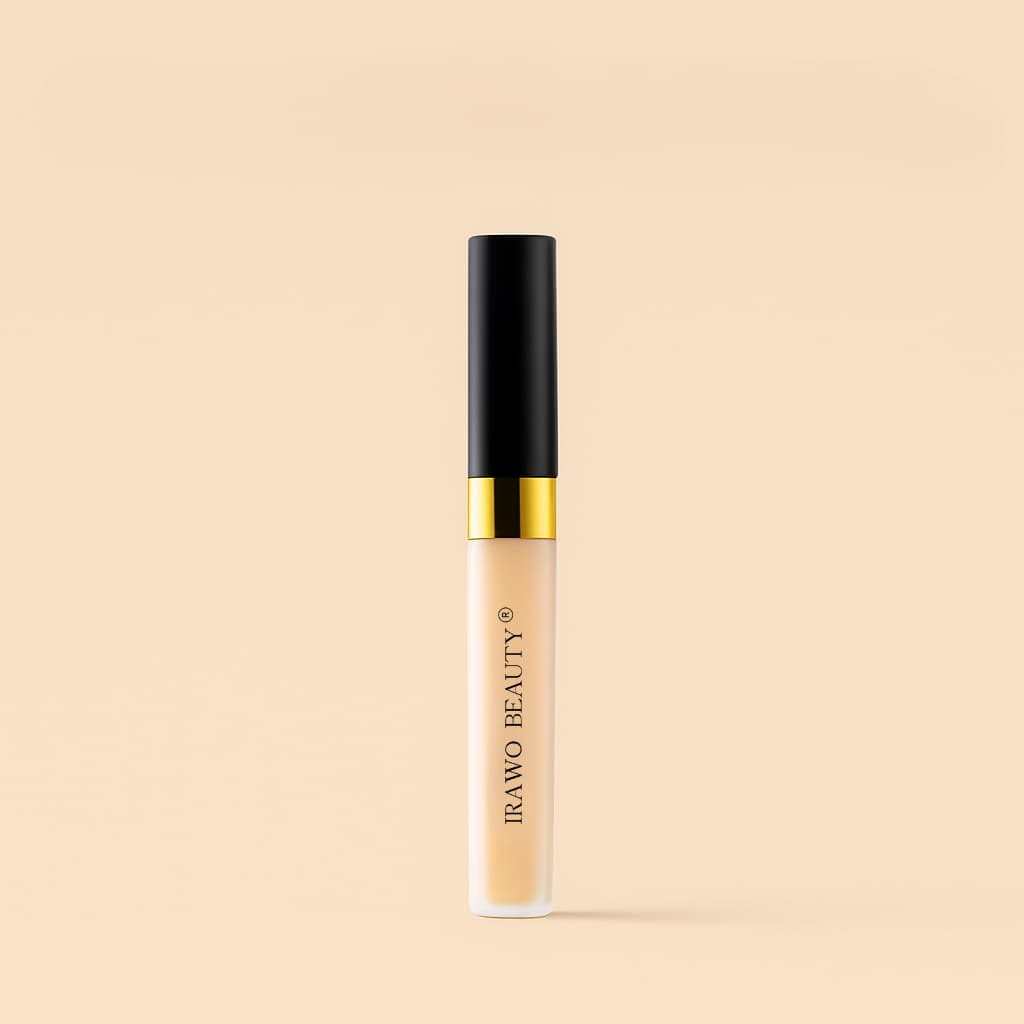Concealer bottle with black and gold lid on a beige background