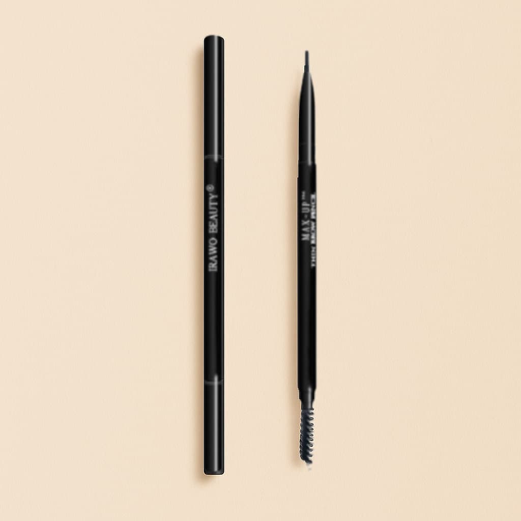 Two black makeup pencils with 'IRAWO BEAUTY' branding on a beige background