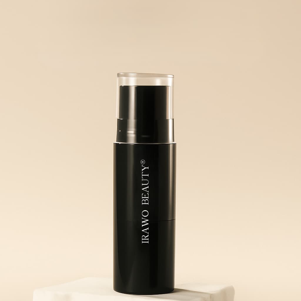 Black skincare bottle with 'Irawo Beauty' branding on a beige background