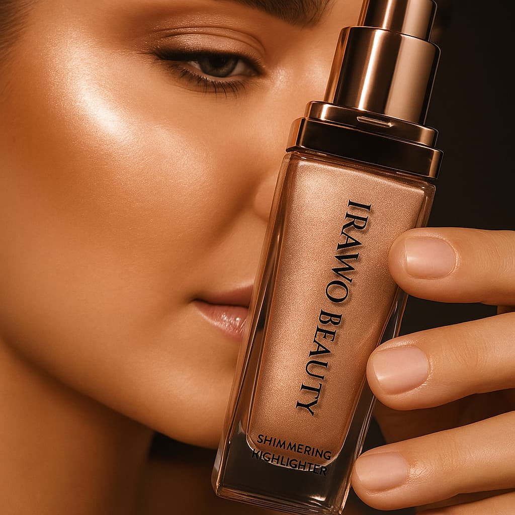 Irawo Beauty shimmering highlighter held close to a person's face