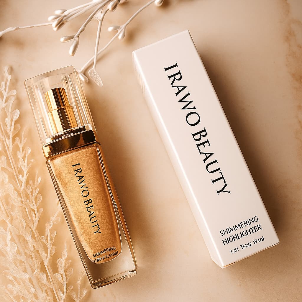 Irawo Beauty shimmering highlighter bottle and packaging on a beige background