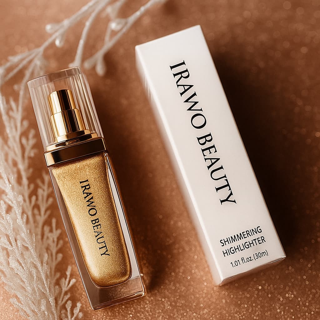 Irawo Beauty shimmering highlighter bottle and packaging on a brown textured background