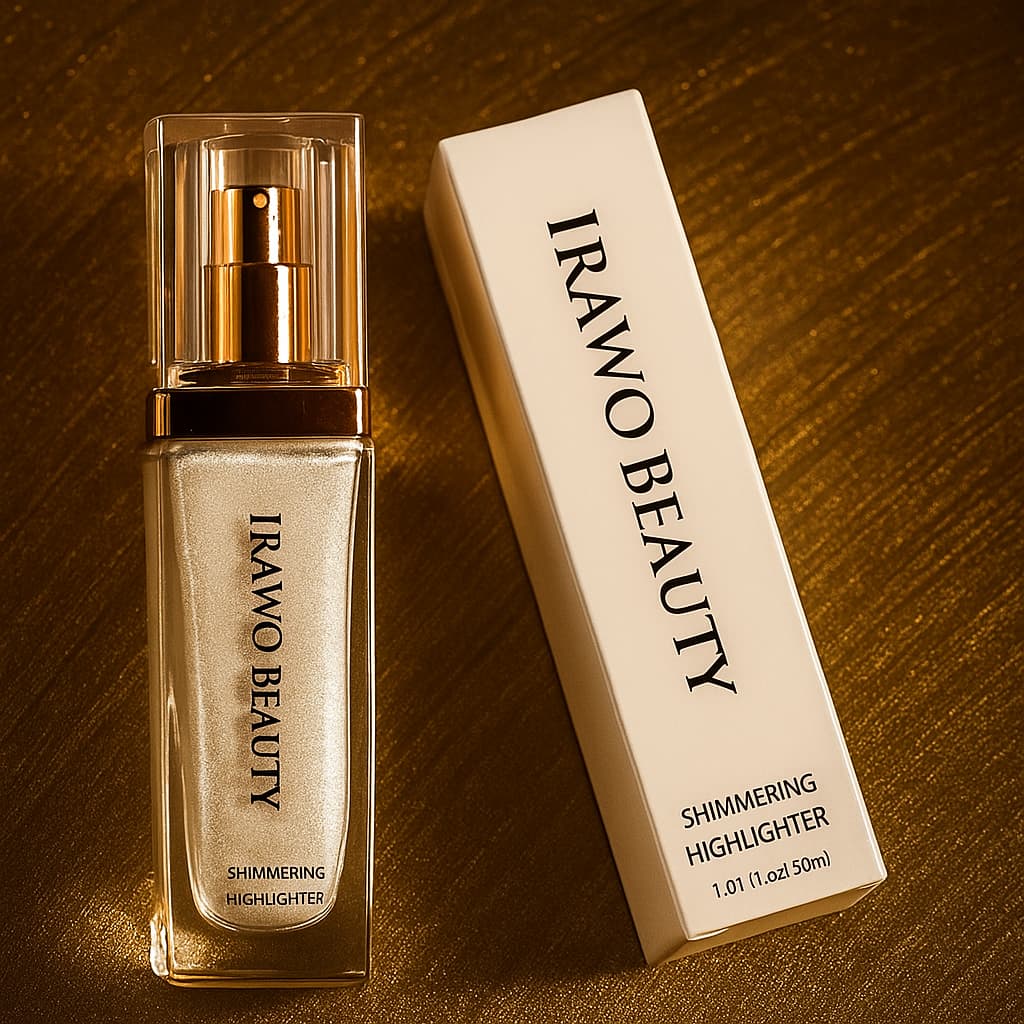 Irawo Beauty shimmering highlighter with packaging on a wooden surface