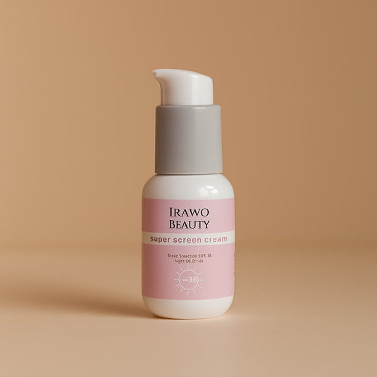 Irawo Beauty super screen cream bottle on a beige background