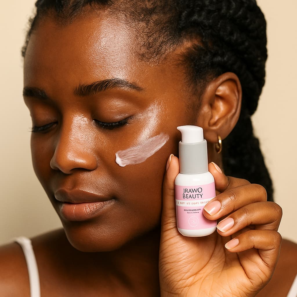 Woman applying a skincare product to her face with a bottle labeled IRAWO BEAUTY.