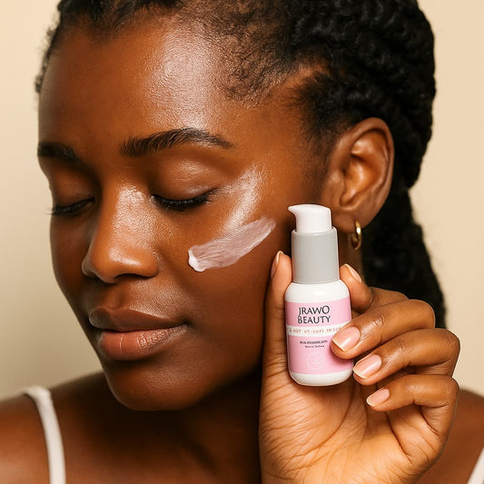 Woman applying a skincare product to her face with a bottle labeled IRAWO BEAUTY.
