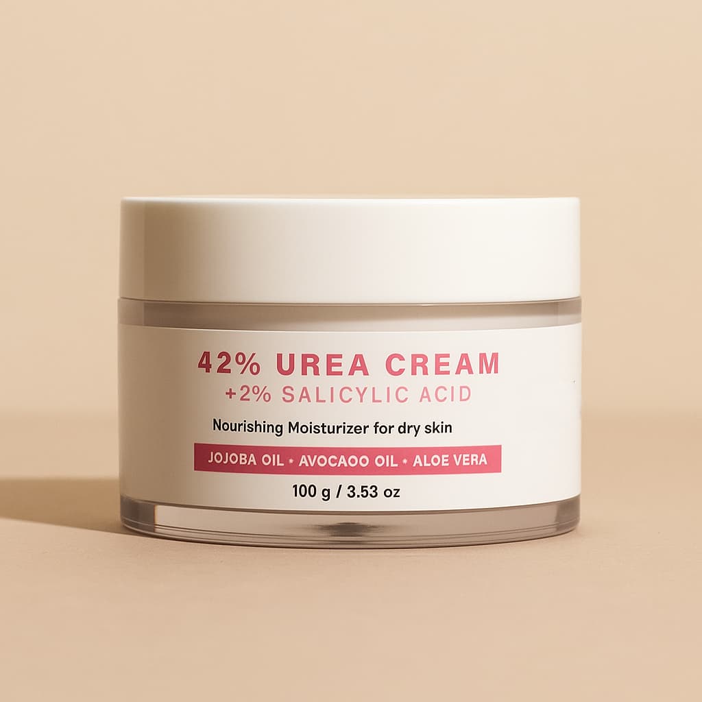Jar of 42% Urea Cream with Salicylic Acid on a beige background