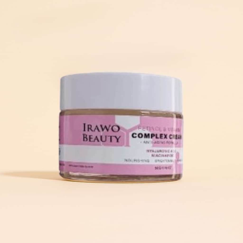 Jar of Irawo Beauty Complex Cream on a beige background