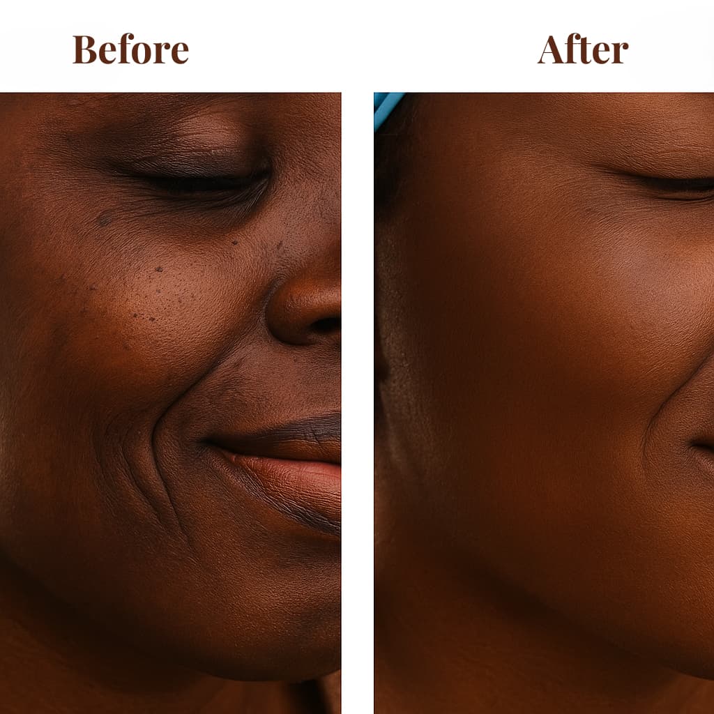 Before and after comparison of a person's face with visible skin texture differences.