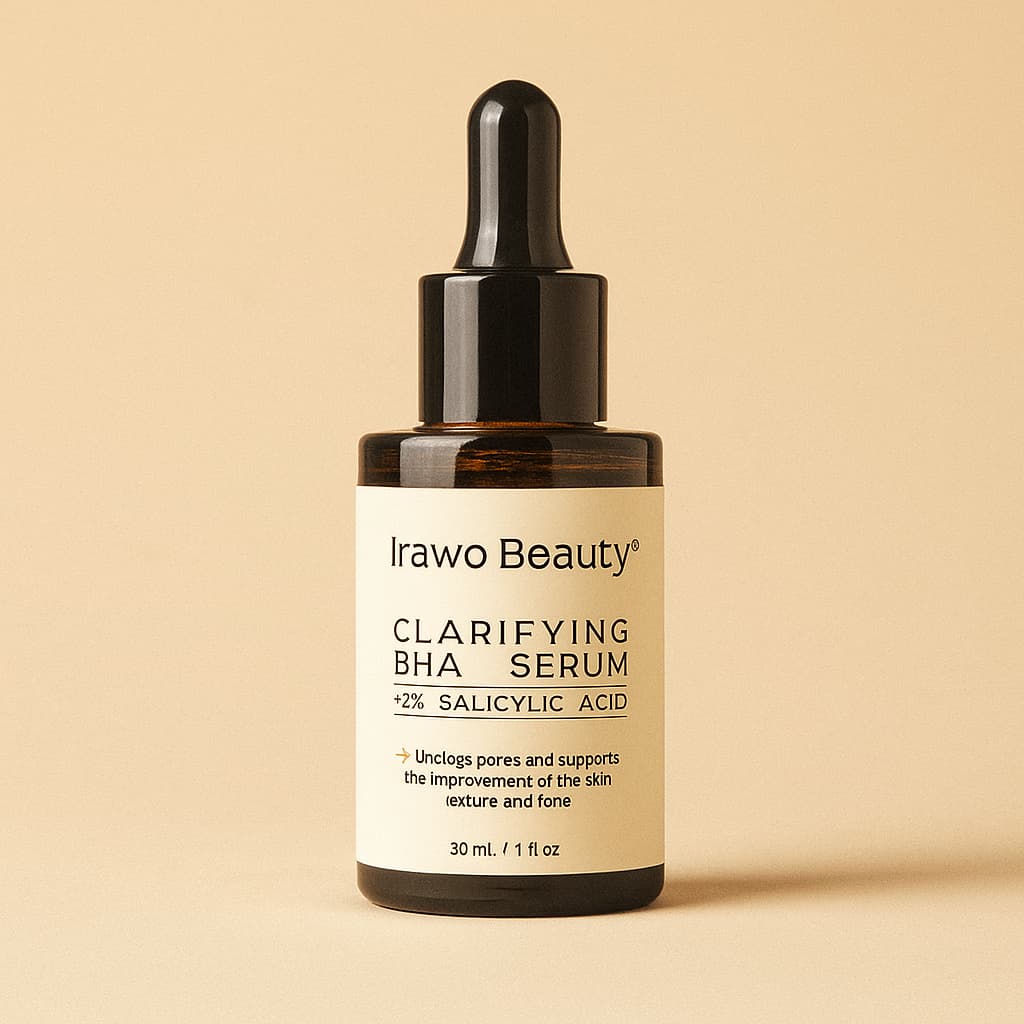 Irawo Beauty clarifying BHA serum bottle on a beige background