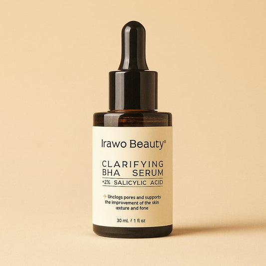 Irawo Beauty clarifying BHA serum bottle on a beige background