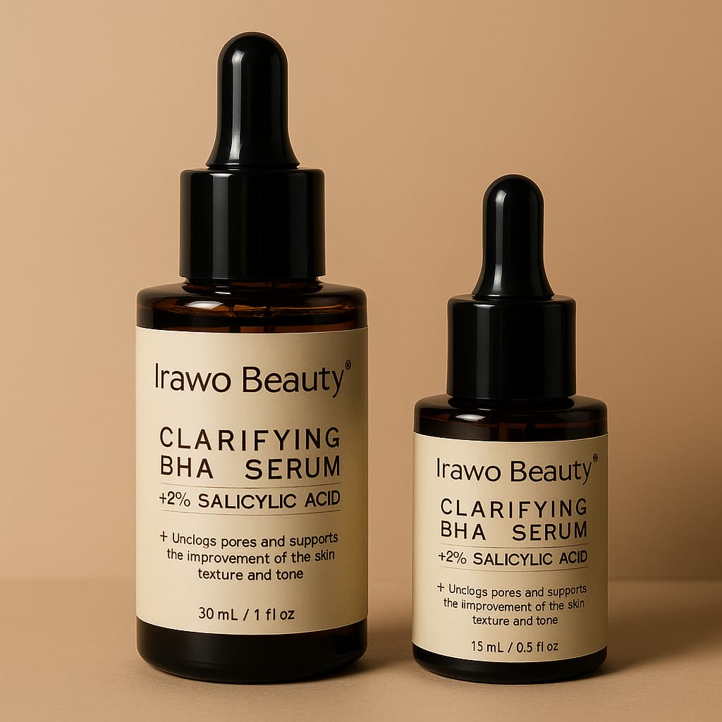 Two bottles of Irawo Beauty Clarifying BHA Serum on a beige background