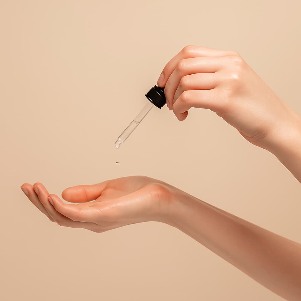 Hand holding a dropper with a beige background