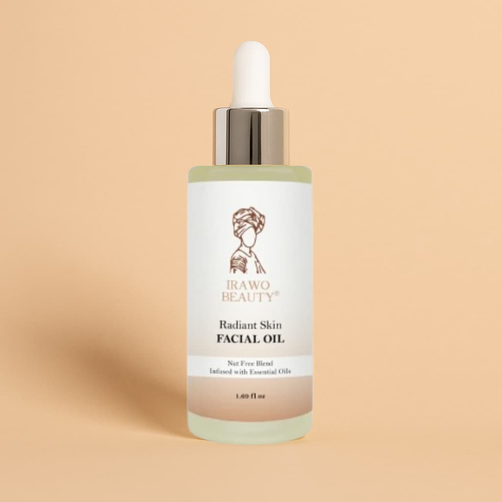 Facial oil bottle with dropper labeled 'Irawo Beauty' on a beige background