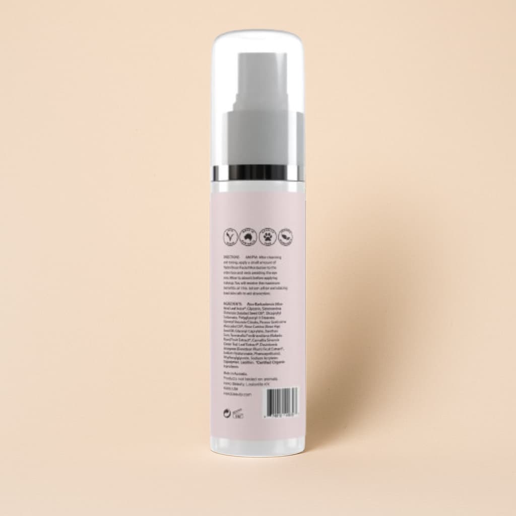 Skincare bottle with label on a beige background