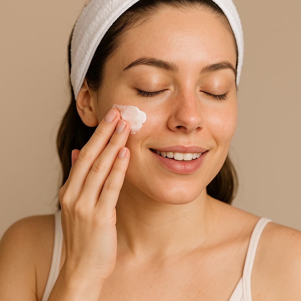 Woman applying cream to her face with a neutral background