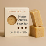 Irawo Beauty Honey Oatmeal Soap Bar packaging with two soap bars on a beige background