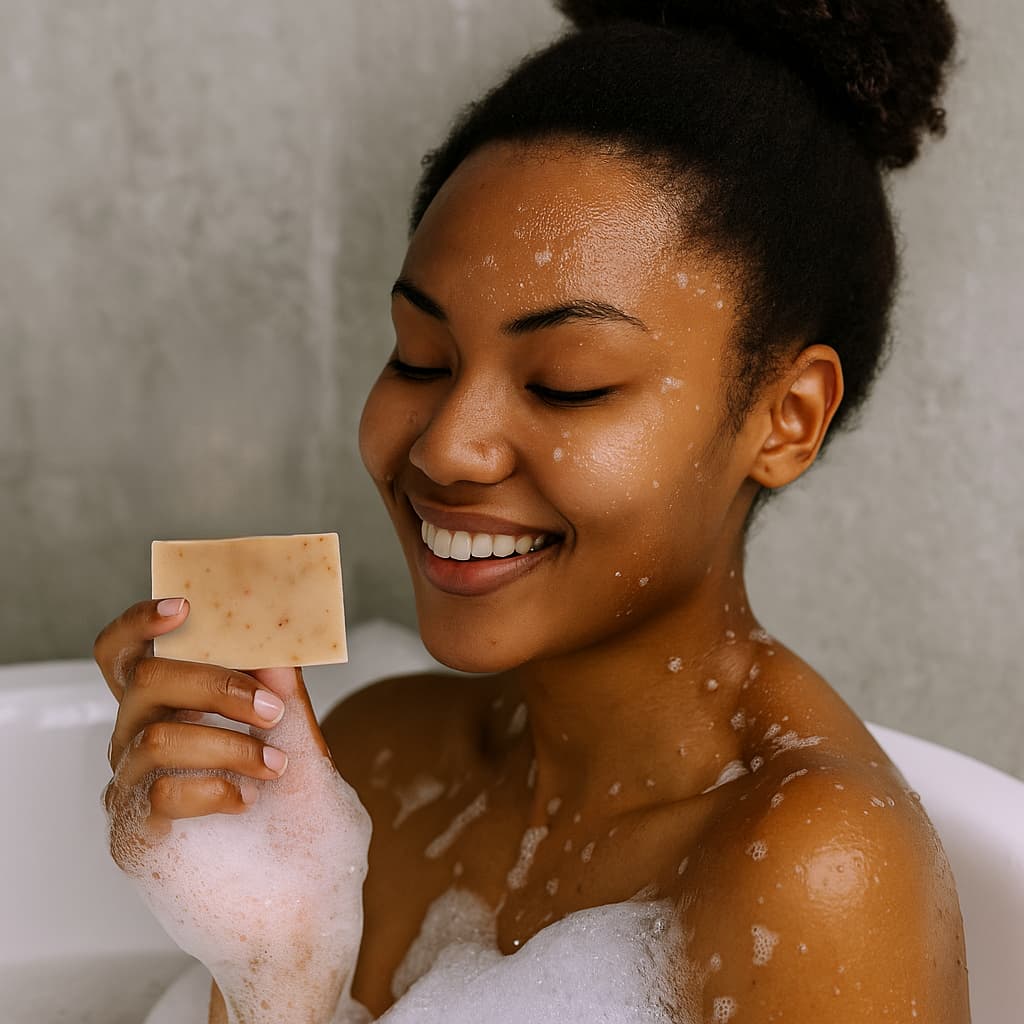 Woman in a bathtub holding a bar of soap with a neutral background