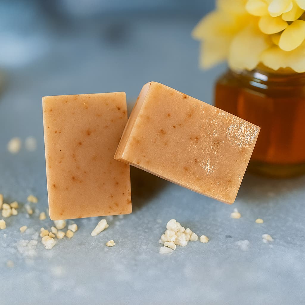 Two bars of oatmeal soap on a gray surface with a jar of honey and flowers in the background.