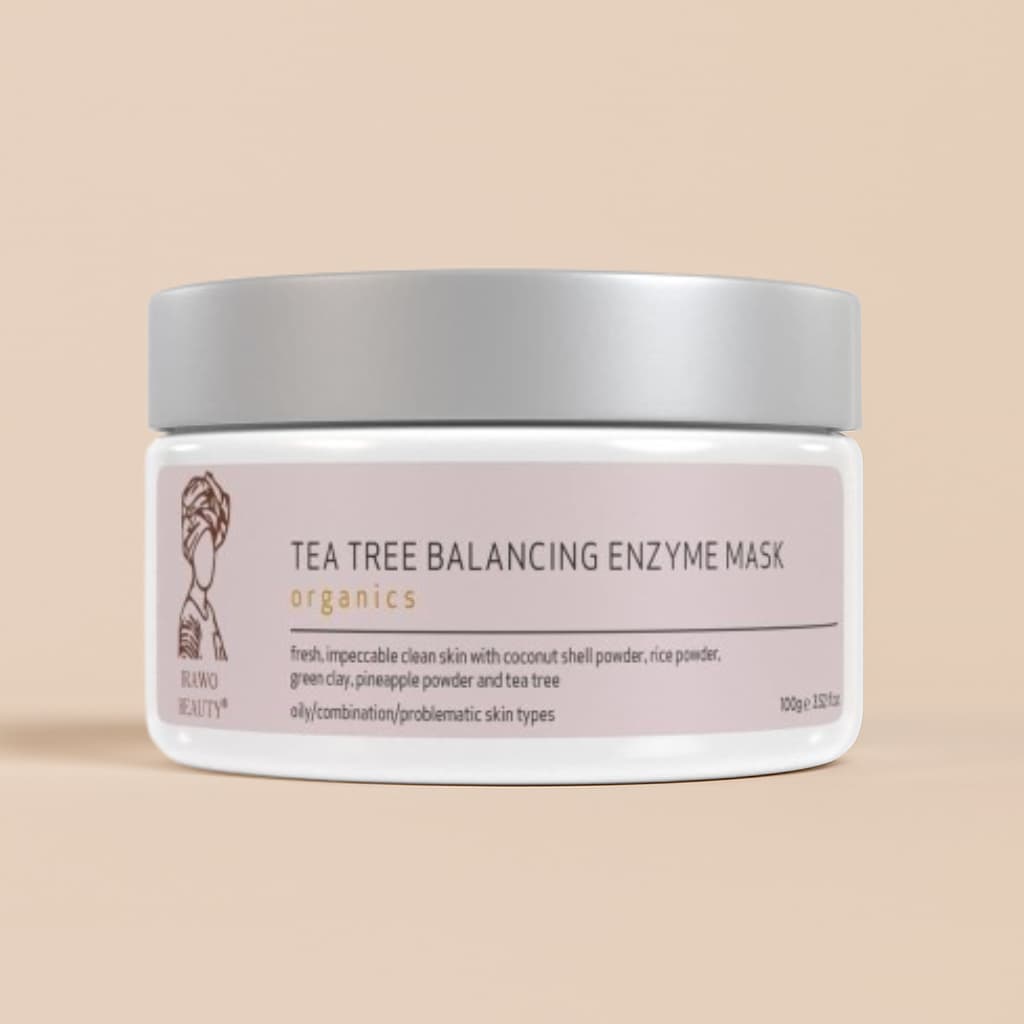 Jar of tea tree balancing enzyme mask on a beige background