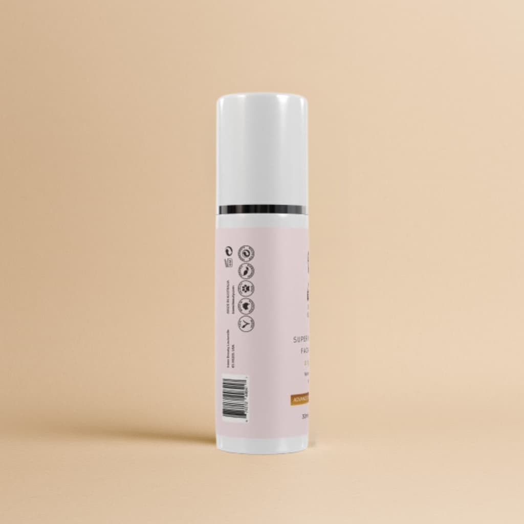 Skincare bottle with label on a beige background