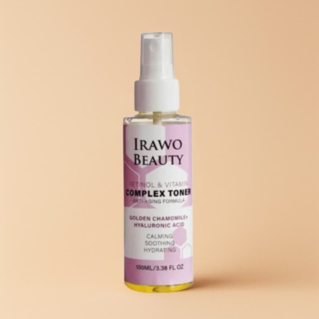 Irawo Beauty toner bottle on a beige background