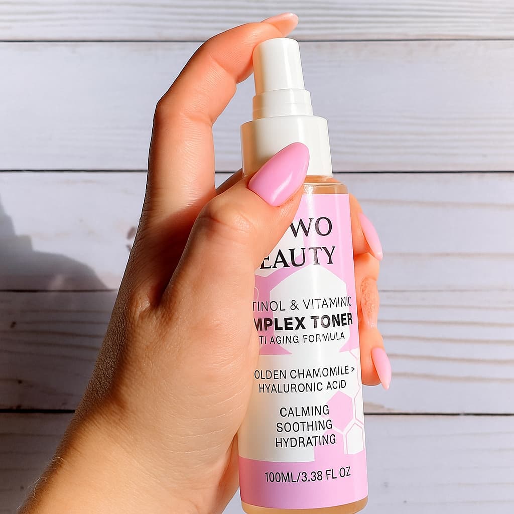 Hand holding a bottle of 'Irawo Beauty' toner against a wooden background