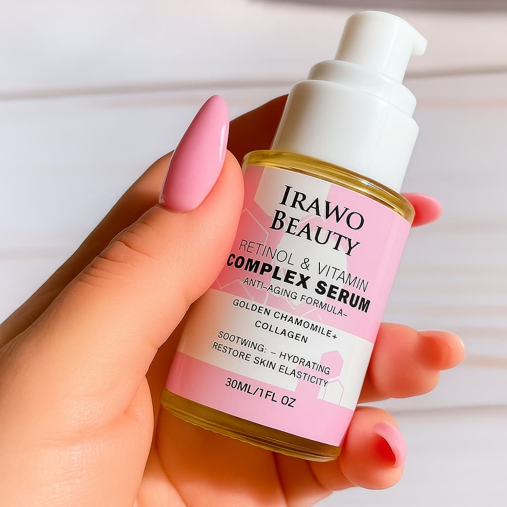 Hand holding a bottle of Irawo Beauty serum with a pink label.