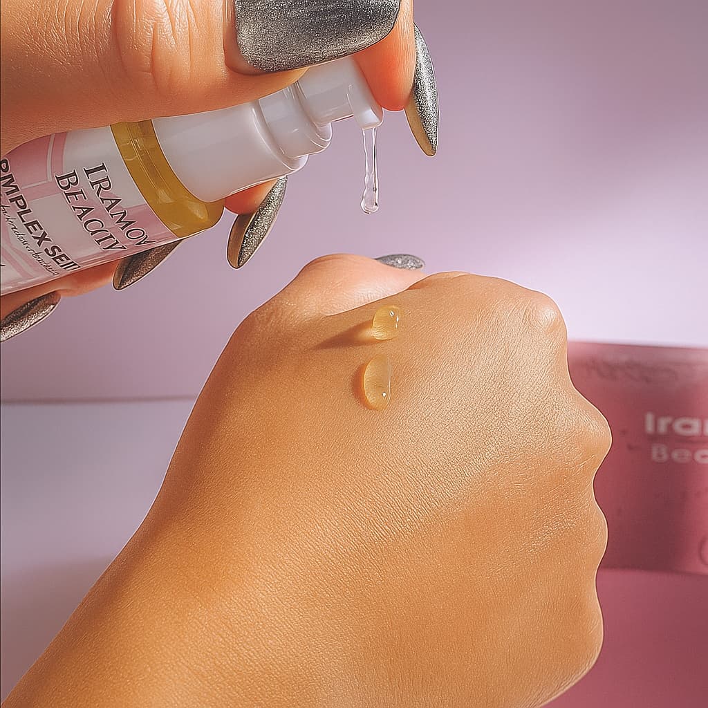 Hand applying a droplet of skincare product to the wrist with a pink background