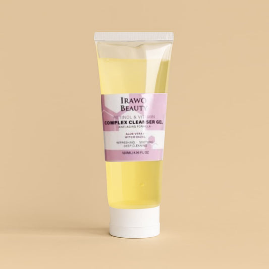 Yellow tube of Irawo Beauty Complex Clear Gel on a beige background