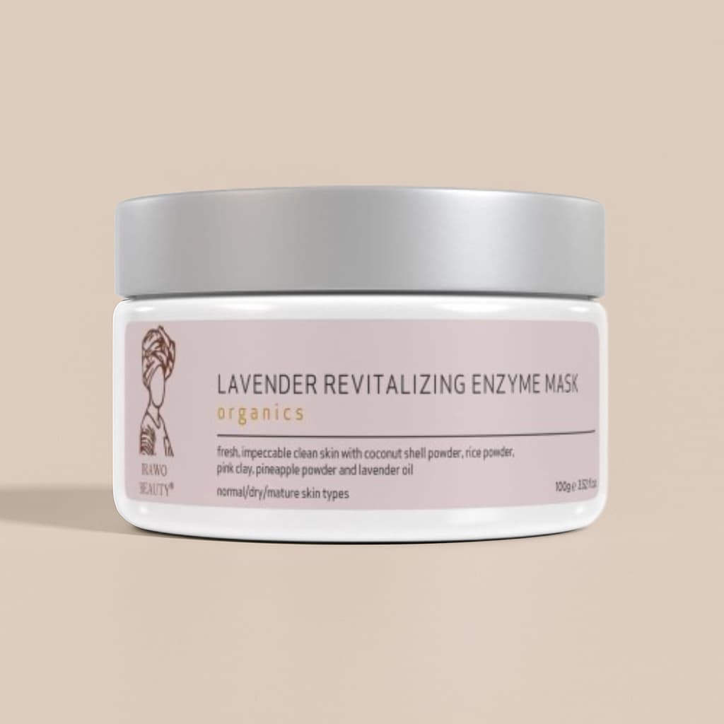 Jar of Lavender Revitalizing Enzyme Mask on a beige background