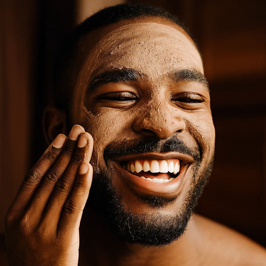 Man applying a brown scrub to his face with a blurred background