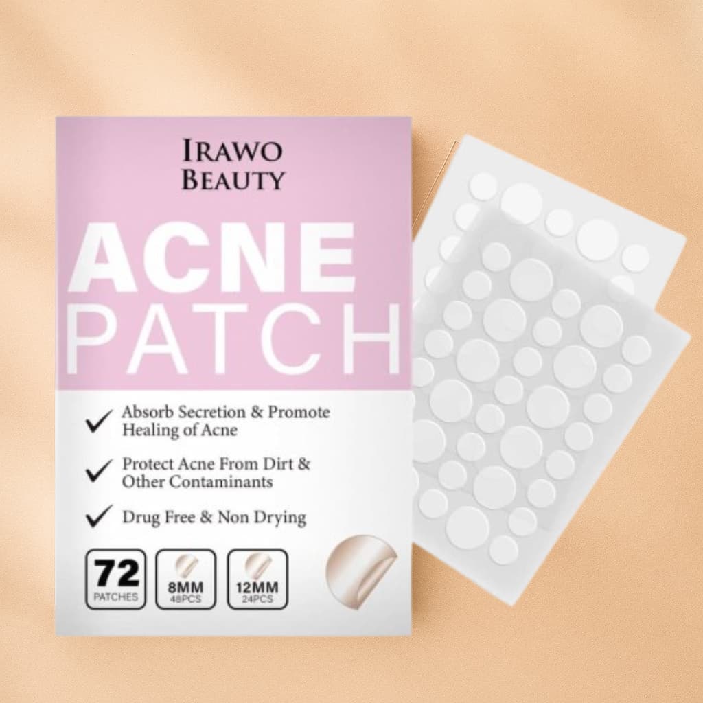 Irawo Beauty acne patch packaging with patches on a beige background